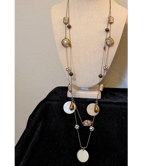 Antique Bronze Chain W/ Shell Glass CZ Ball Crystal Teardrop Beaded 36" Necklace - Picture 1 of 8